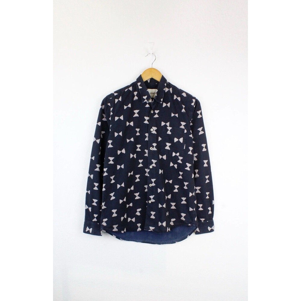 Our Legacy Navy Button-Down Shirt with White Geometric Print